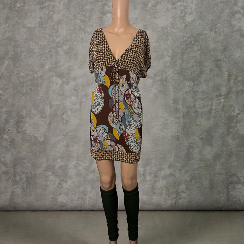Multicolor Geometric and Leaf Print Women's Shirt Dress